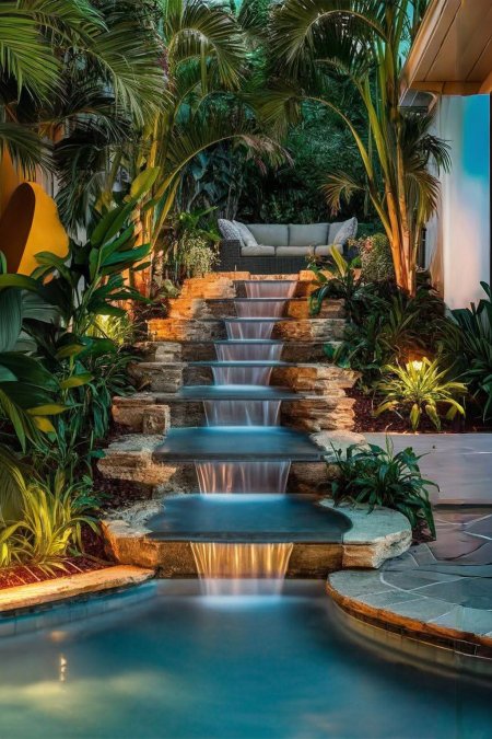 🌴 شلال متدرّج بإضاءة ليلية فاخرة